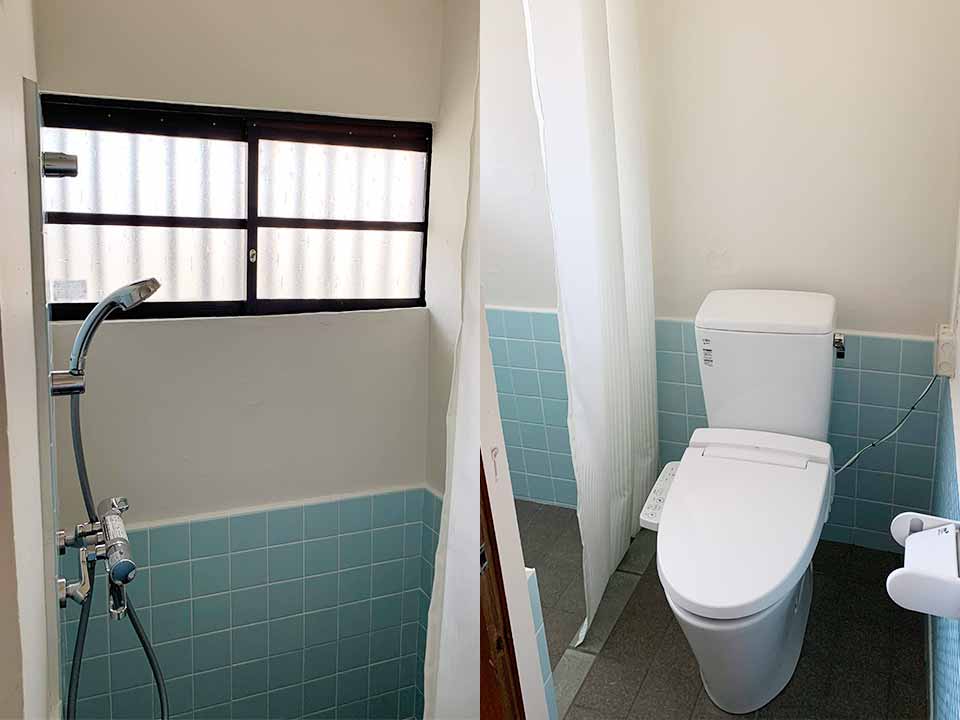 Toilet and shower room are separated by a curtain. There is no bathtub.
