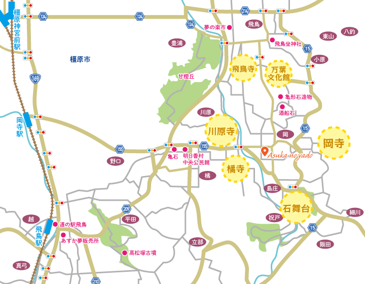 飛鳥光の回廊簡易マップ。Asuka no yadoはどの会場へ行くにも便利！